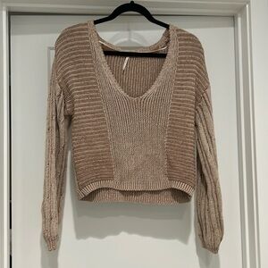Free People Woven V Neck Sweater Ballon Sleeve